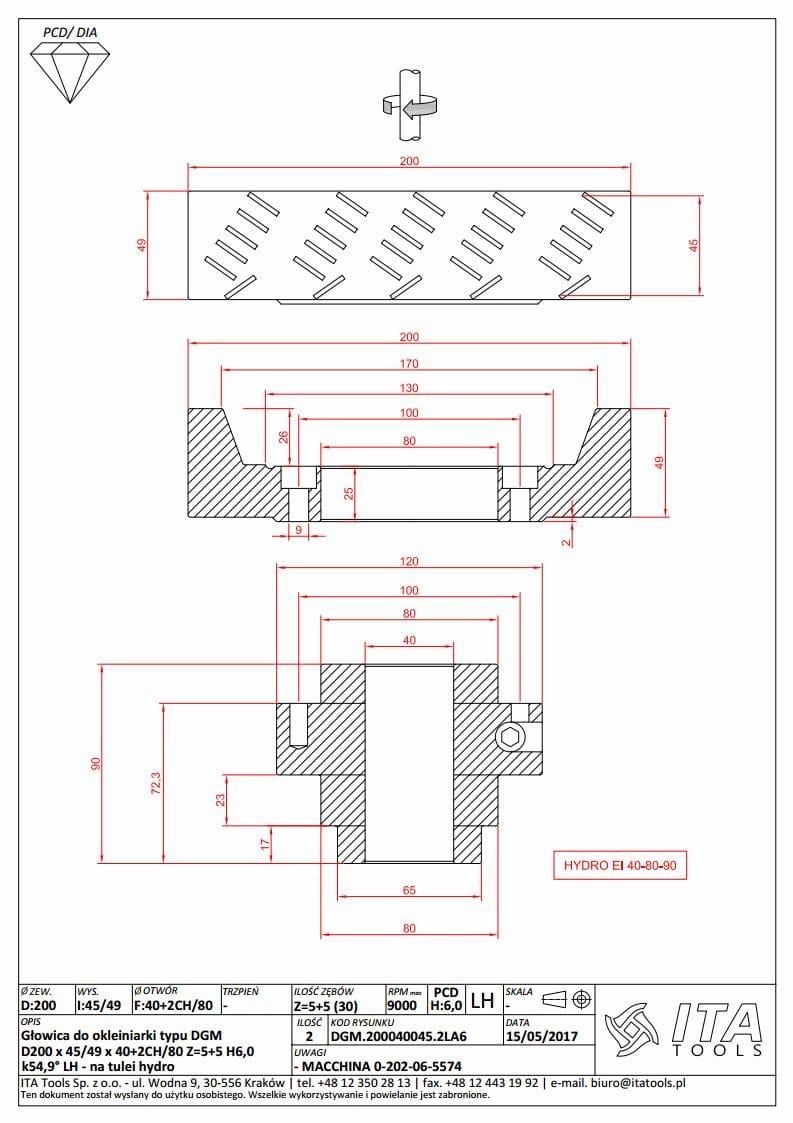 DGM Głowica DIA D=200 l=45 d=40Z=5+5 H6,0 TOP 54,9° LH
