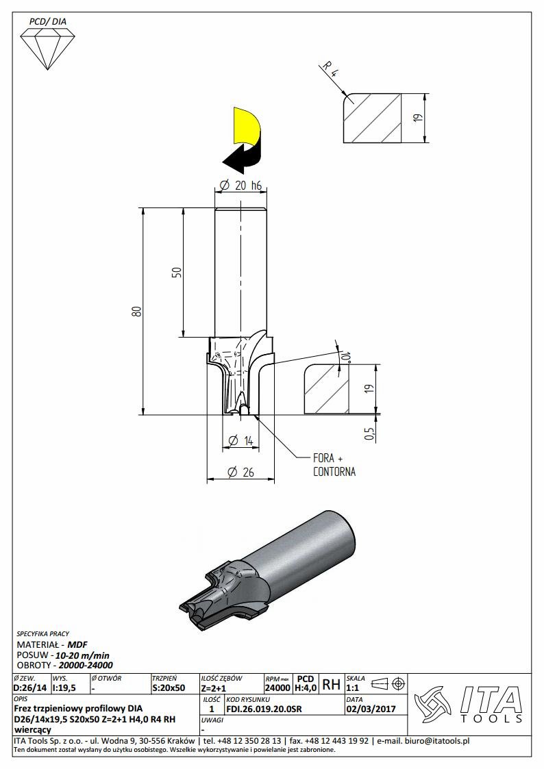 Frez diamentowy PCD Z2+1 D26 I19,5 S20 R4 do zaokrąglania krawędzi ITA TOOLS FDI.26.019.20.04R - obrazek 2